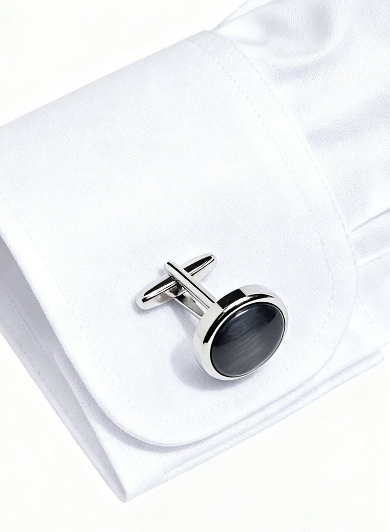 DB Innov. Cufflinks, Grey Opal Silver Frame Round Cufflinks, 2 PCS for One Set Premium Copper Jewelry Specially Design for Men's Shirt Wedding Business Gift with Delicate Package Box. - Image 3